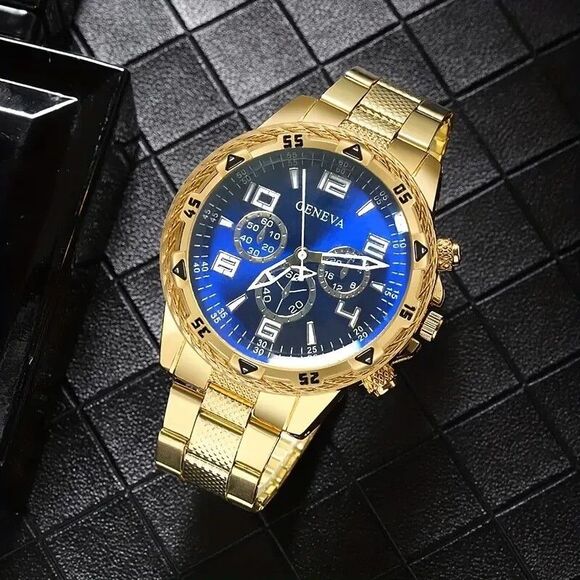 6 Geneva Luxury Watches, Mens Chronograph Gold Silver Blue White Gift New